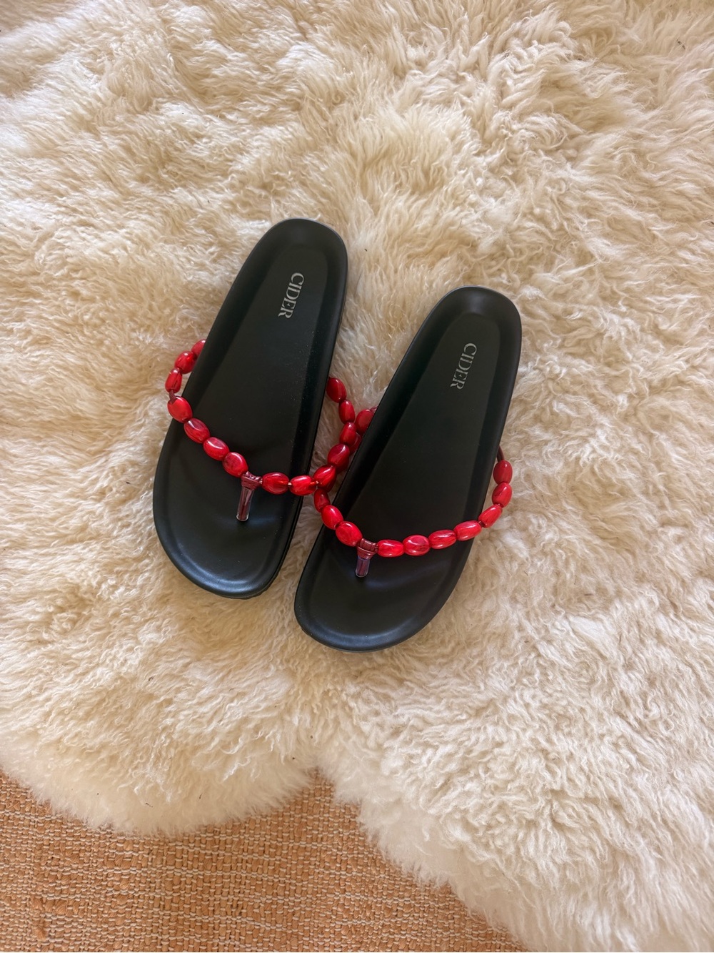 Cider Black Footbed Sandals with Red Beaded Straps NWOT